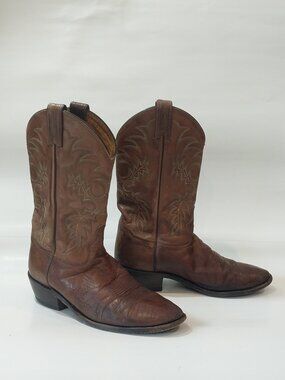 Tony Lama Cowboy Western Boots Mens 10.5D Brown Leather Embroidered Made in USA.